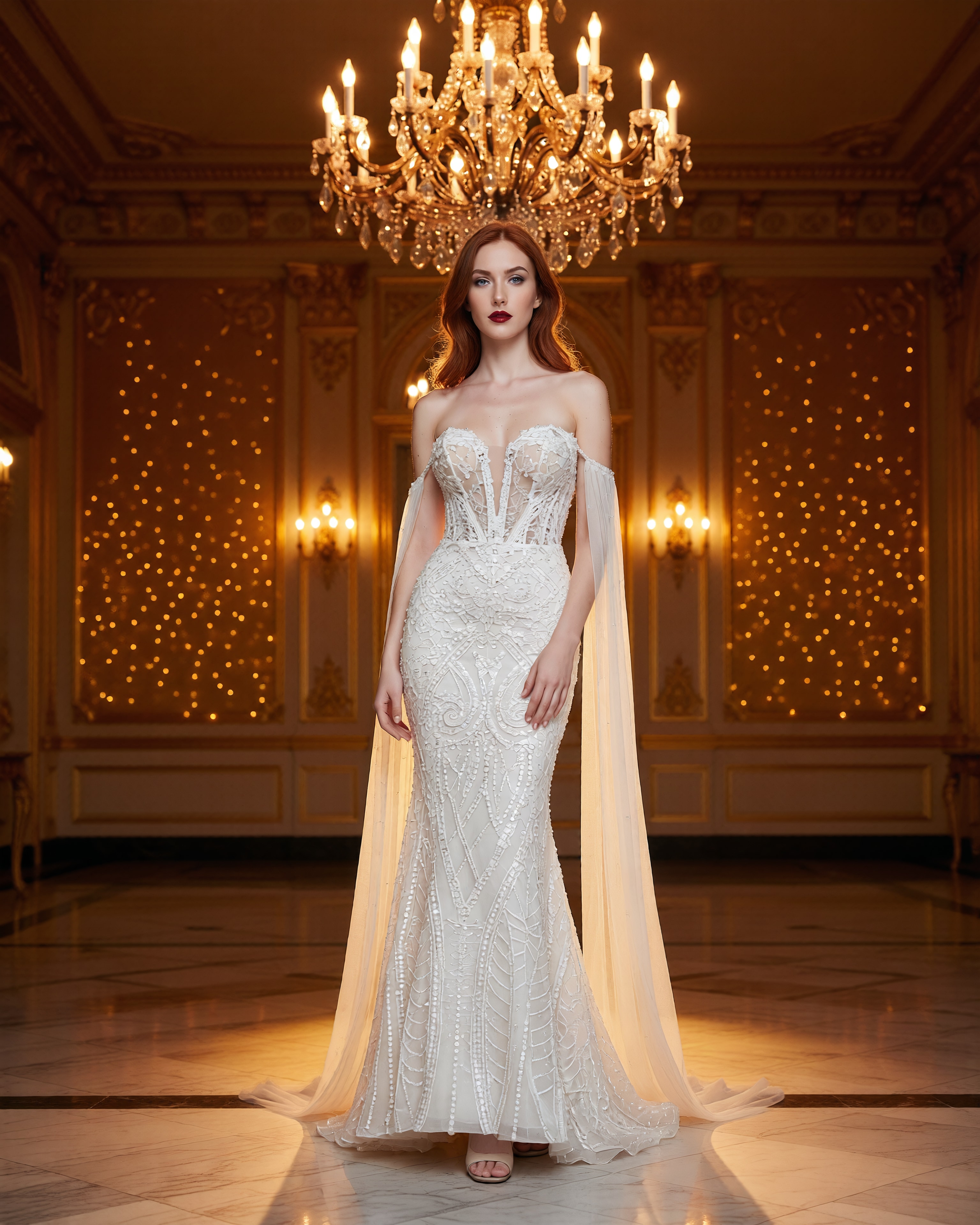 Model in a beaded evening gown in a grand chandelier-lit ballroom