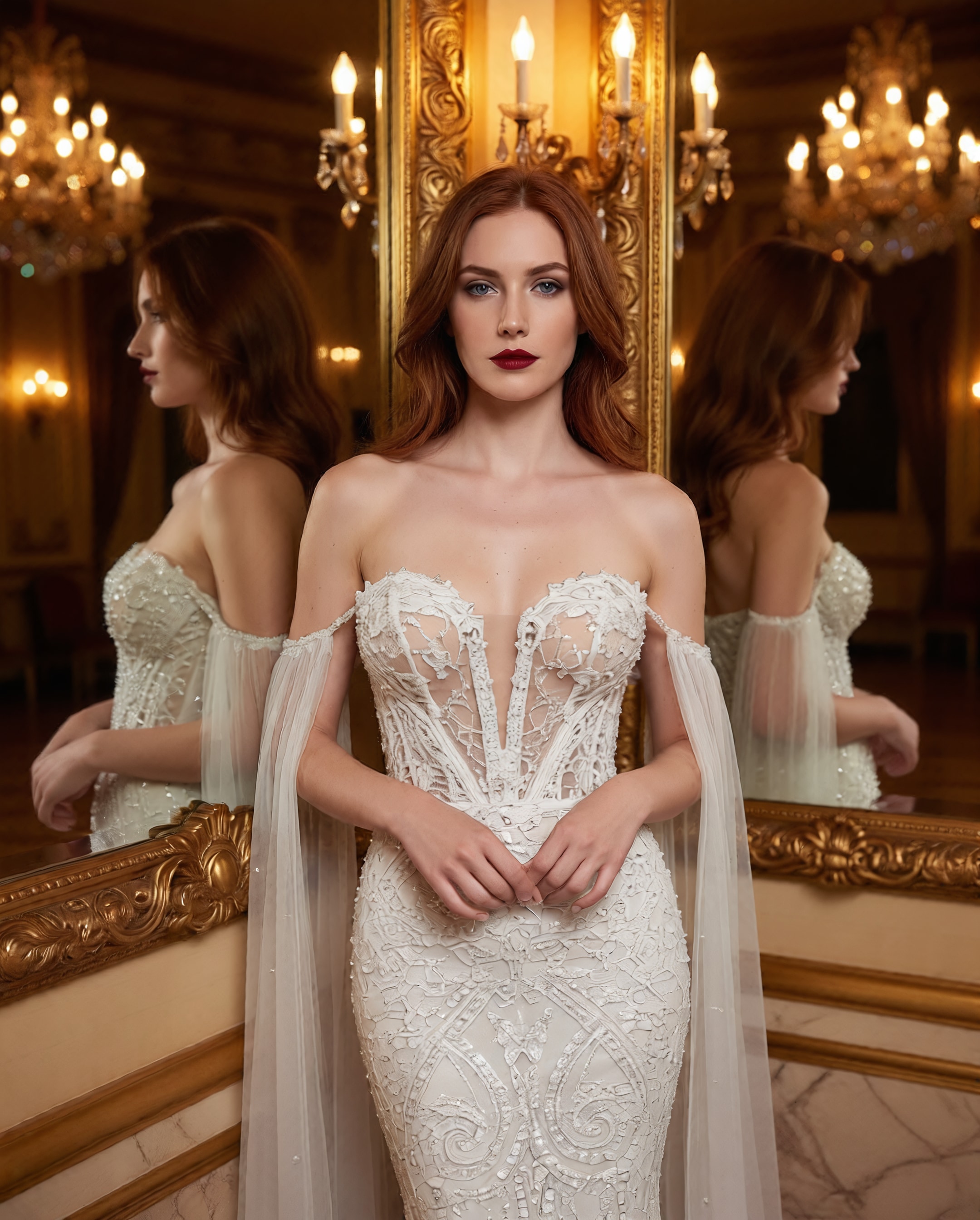 Bride in a beaded off-shoulder gown in a grand ballroom, bridal campaign imagery by Shootless Studio