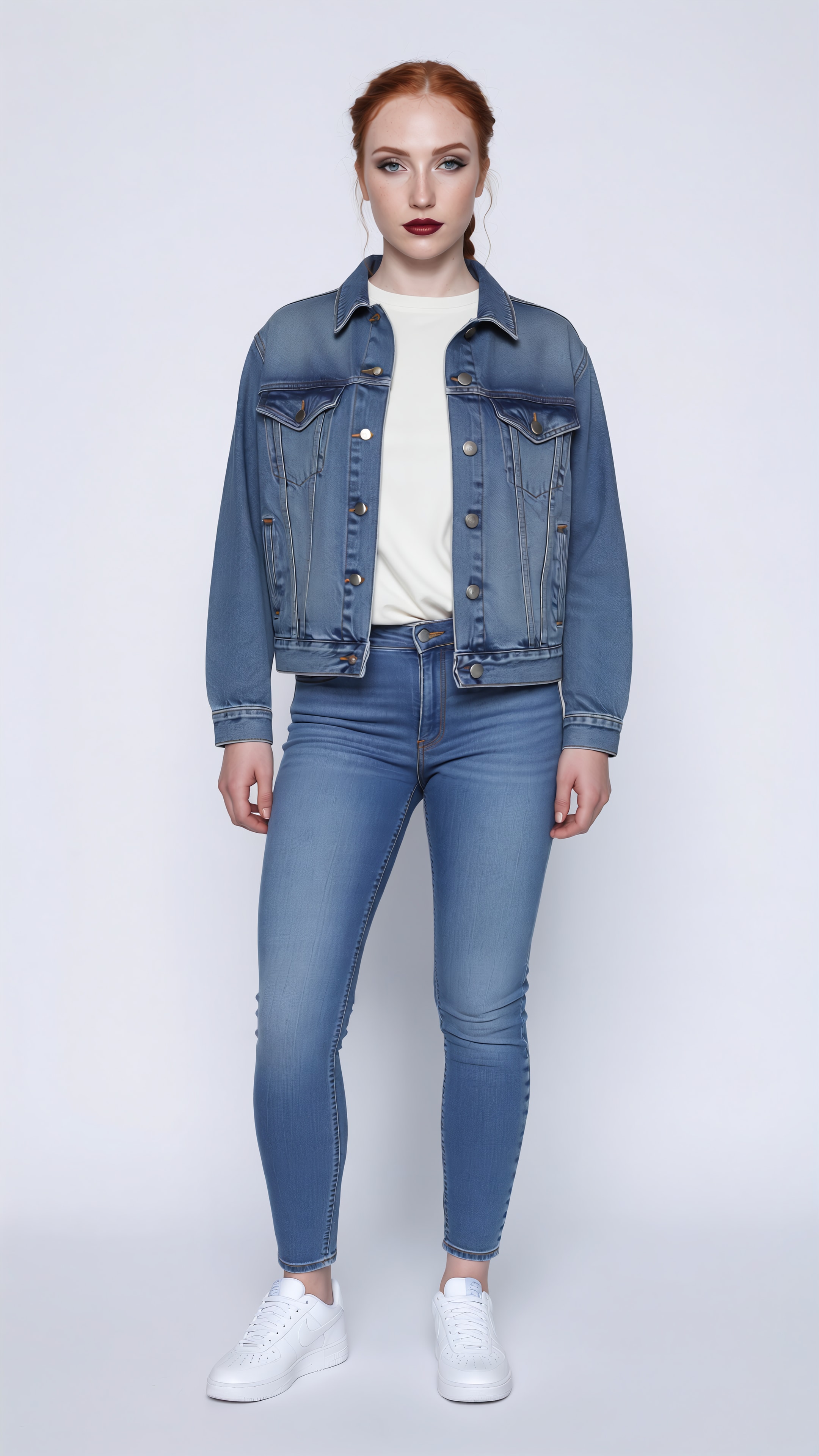 Model in a denim jacket and jeans on a white studio background, e-commerce denim shot by Shootless Studio