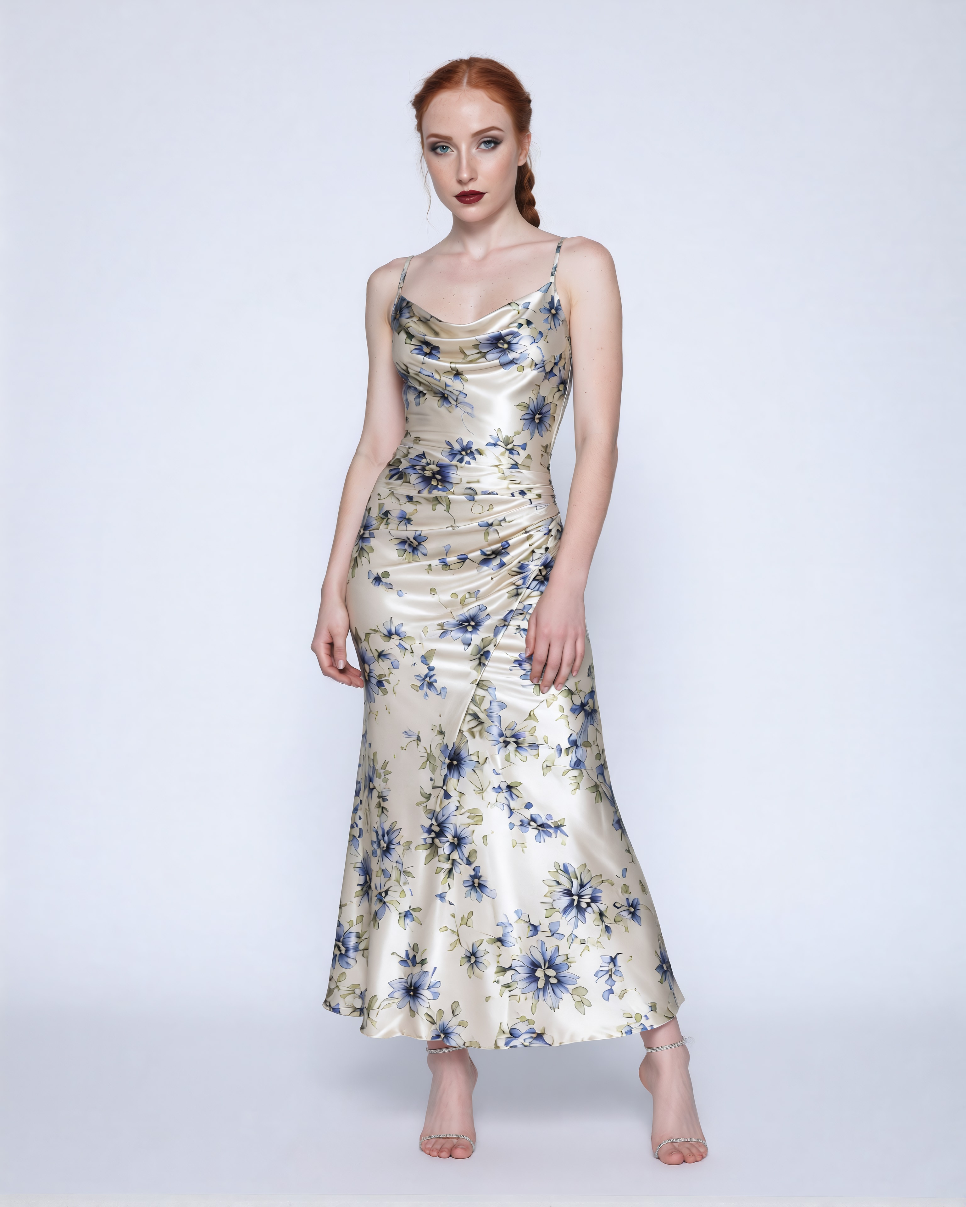 Model in a floral satin gown on a white studio background, full-body campaign shot by Shootless Studio