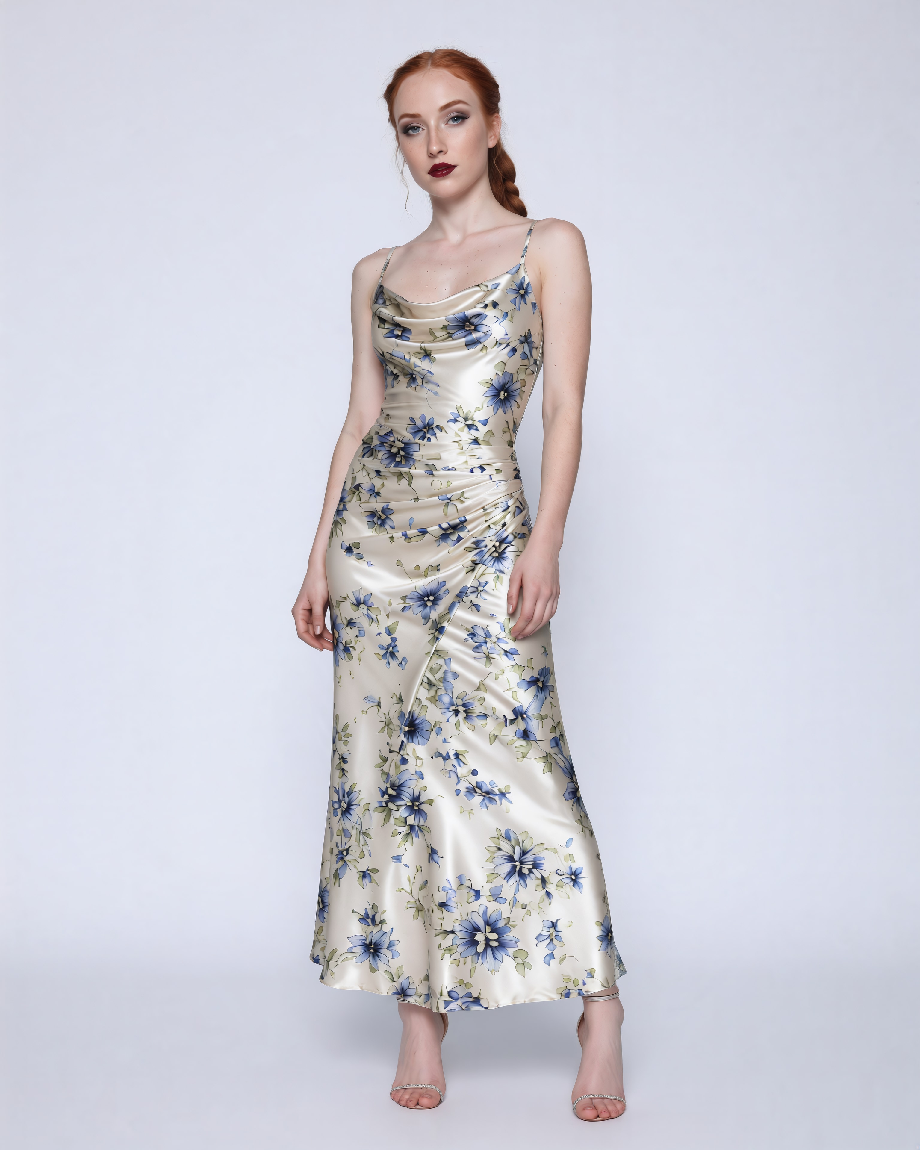 Model in a floral satin slip dress on a white studio background