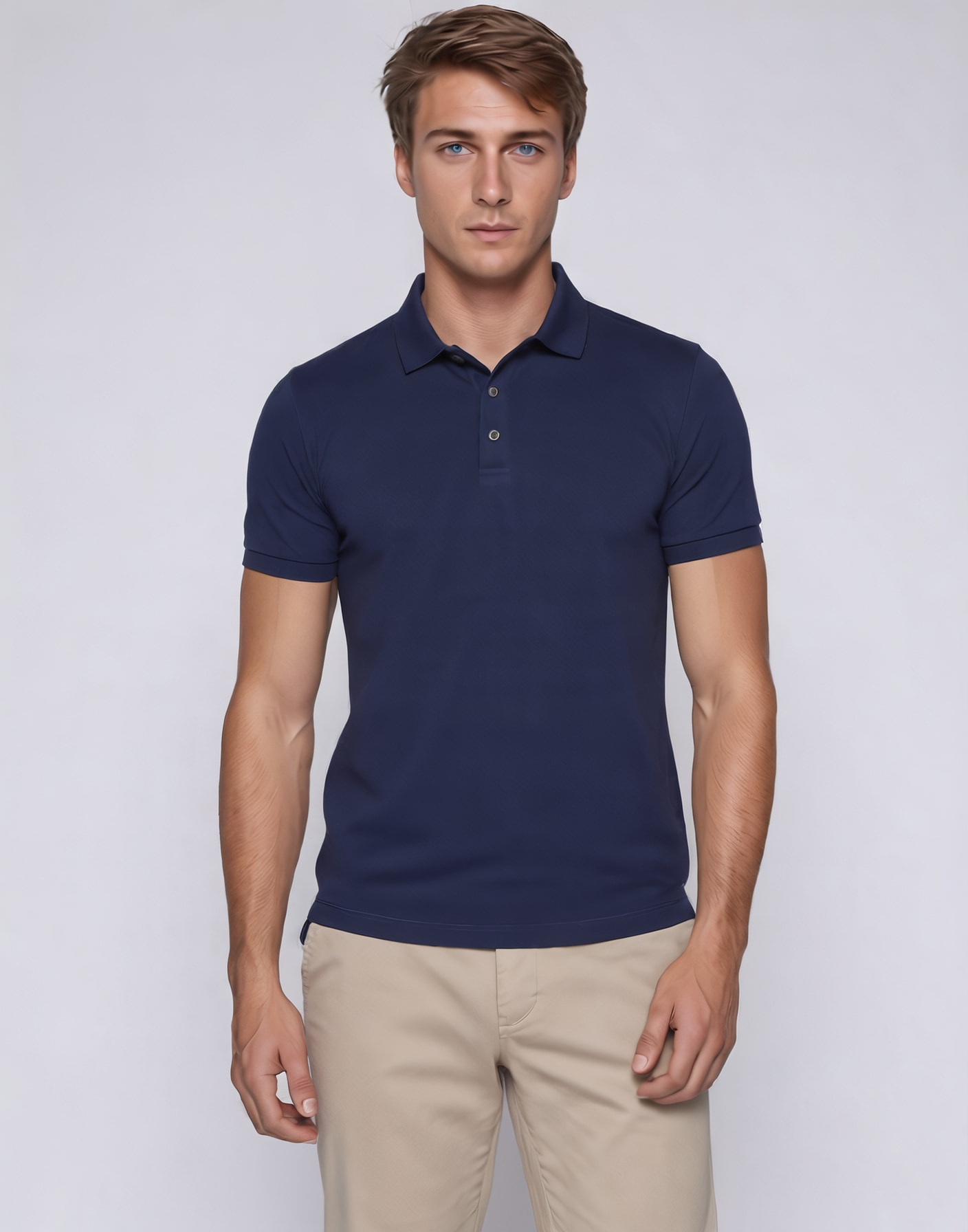 Male model in a navy polo shirt and chinos on a white studio background, menswear product shot by Shootless Studio