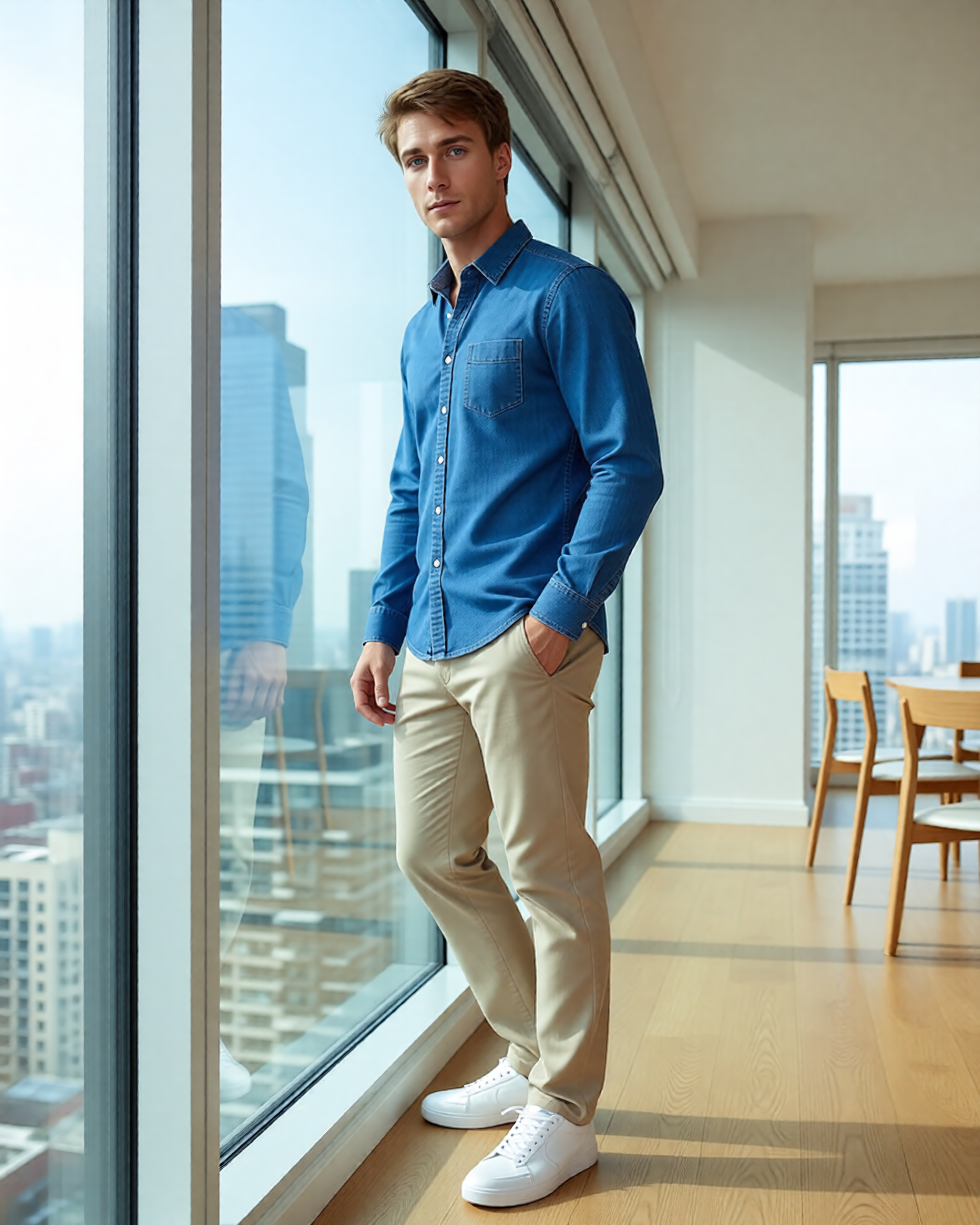 Male model in a denim shirt and chinos beside floor-to-ceiling windows, menswear lookbook shot by Shootless Studio