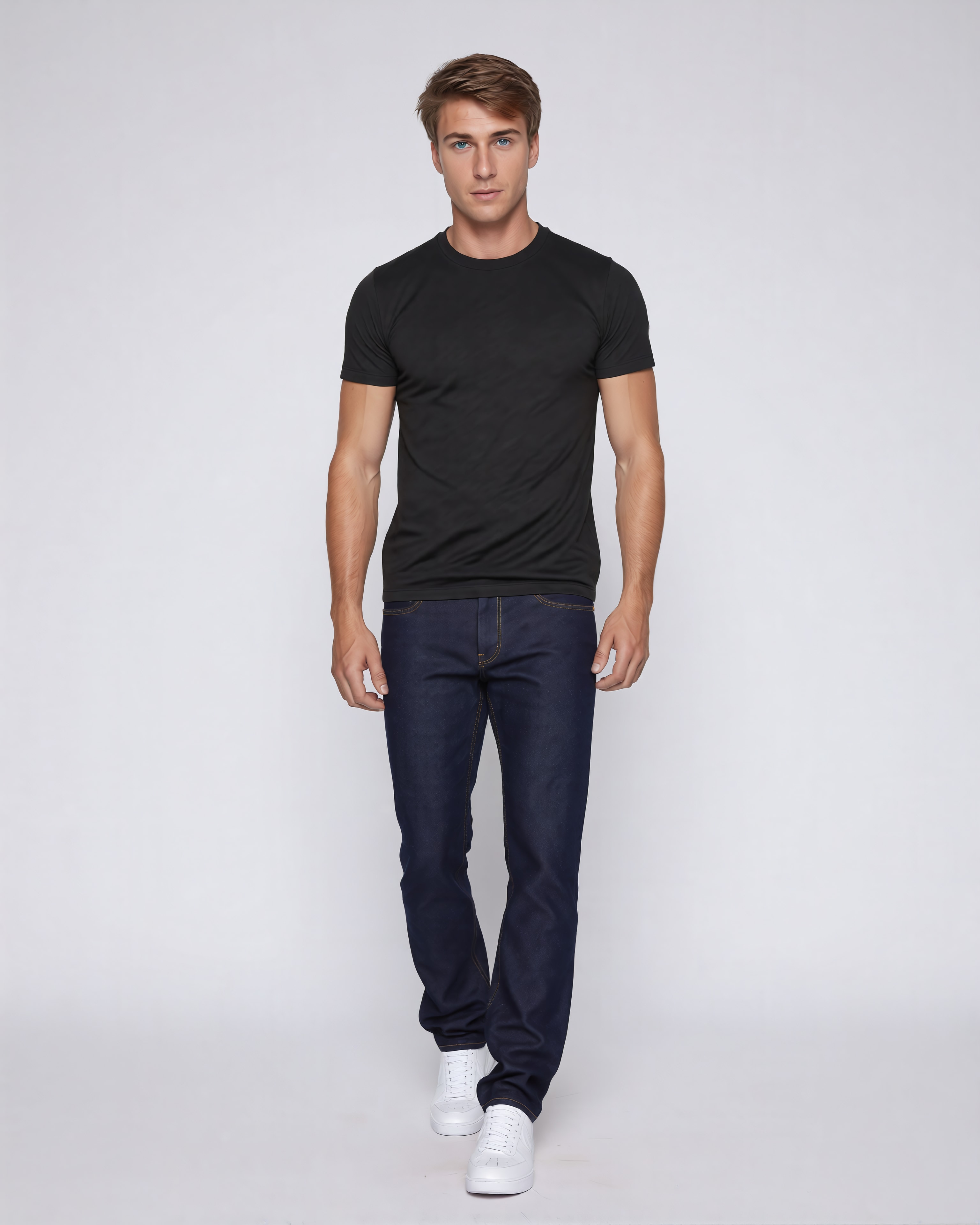 Male model in a black crew-neck T-shirt and jeans on a white studio background, e-commerce menswear shot by Shootless Studio