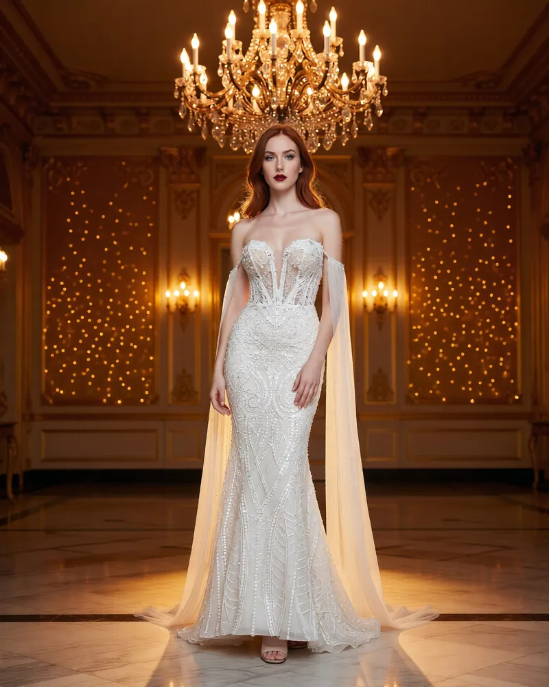 Bride in an off-shoulder beaded gown in a chandelier-lit ballroom, AI bridal campaign