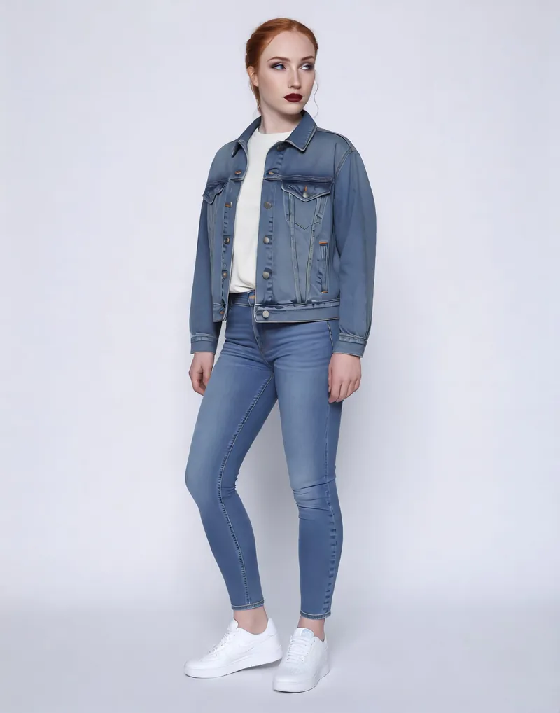 Double denim outfit on a consistent AI model in a white studio