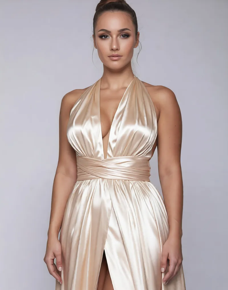Champagne satin halter dress on a consistent AI model in a white studio