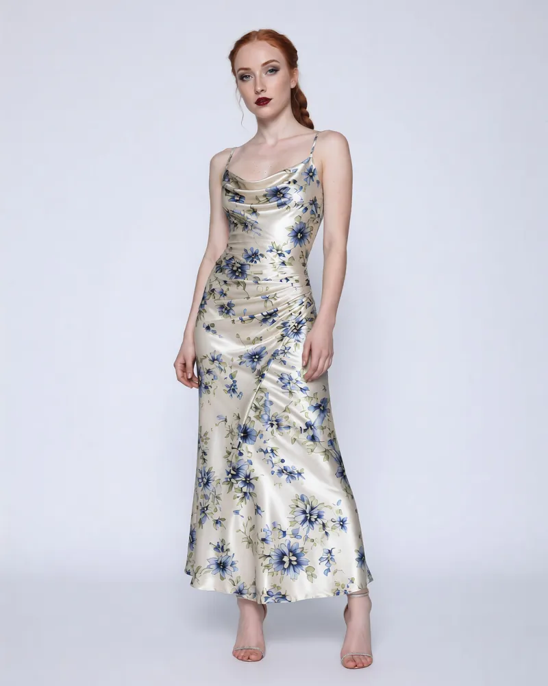 White satin summer dress on-model in a white studio, AI ecommerce photography
