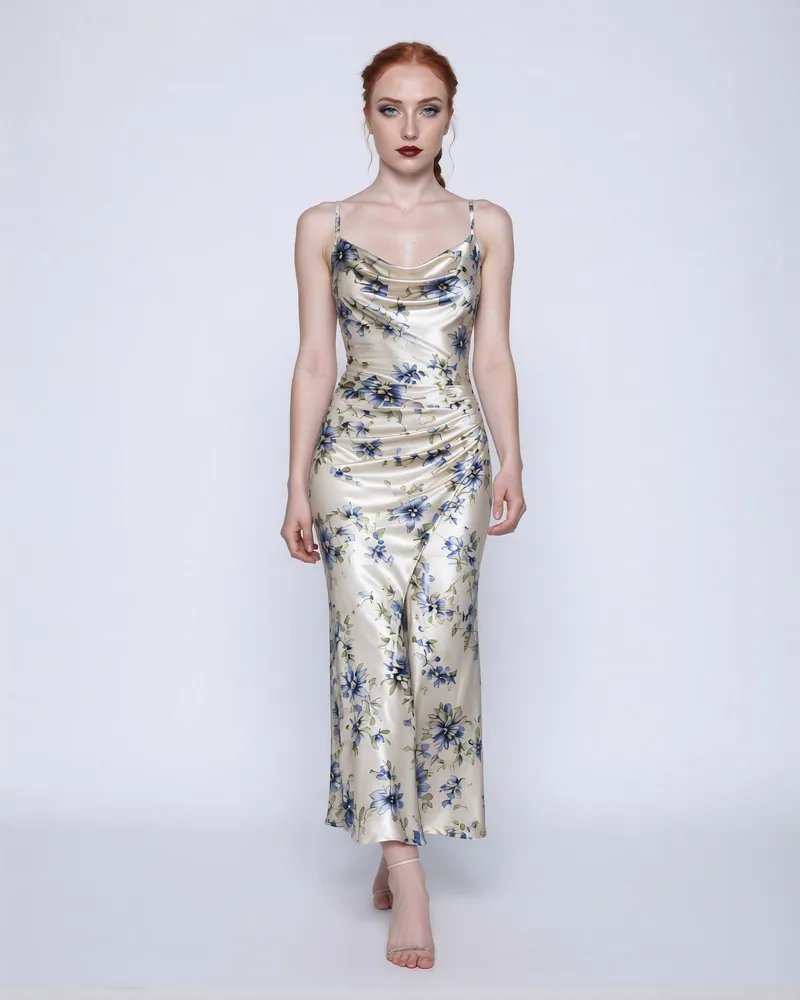On-model product photograph of a floral satin dress on white, created with AI