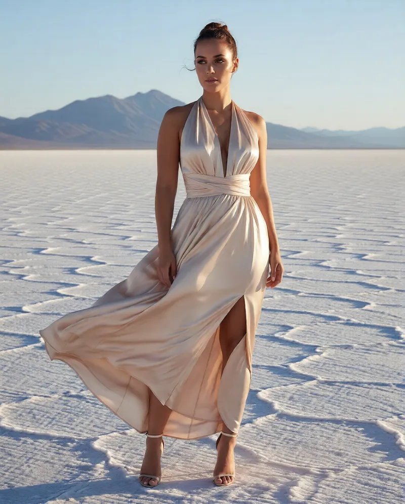 Champagne satin maxi dress on an open salt flat landscape, created without a location shoot